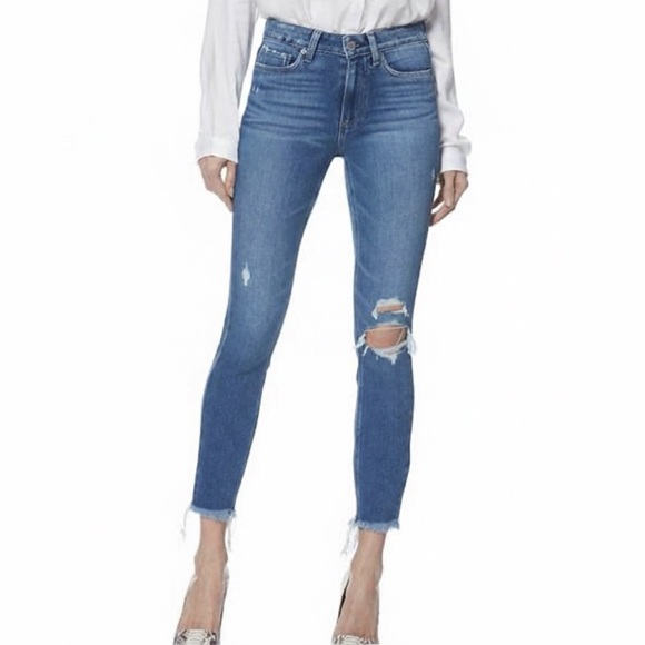 PAIGE Denim - PAIGE Hoxton Ankle Jeans. Blue Mid-Rise Ripped Stretch Denim. Women’s Size 26